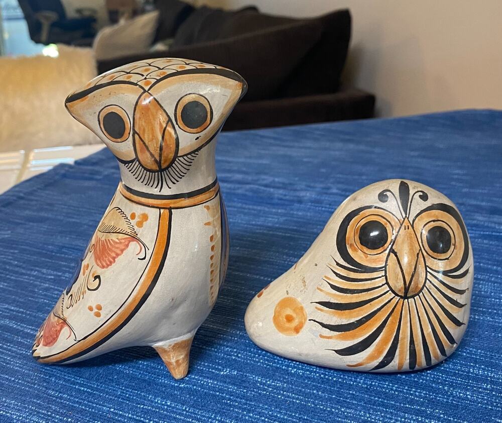 Pair of Tonala Mexican Pottery Cute Owl 6" & 4” Hand Painted Folk Art 85B